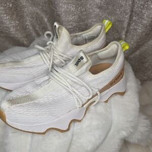 Sorel White Knit Platform Sneakers with Tan Trim and Neon Yellow Heel Tabs